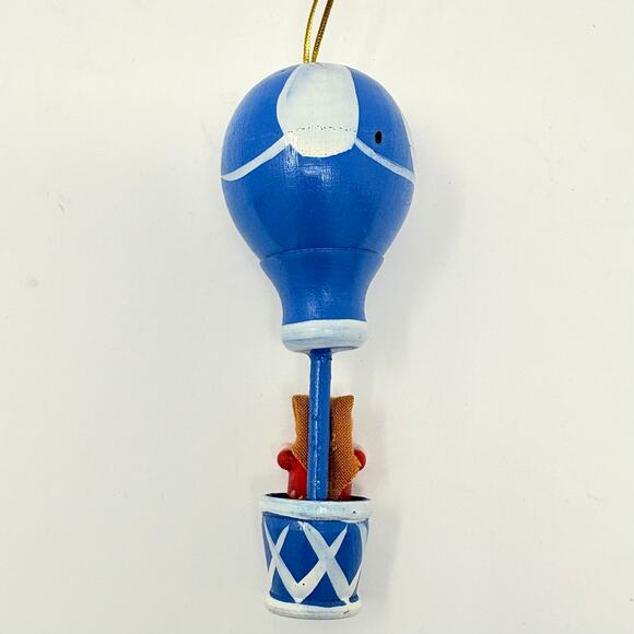 Vtg Hot Air Balloon Wooden Christmas Ornament Blue and White w/ Figure 4" - Picture 4 of 5
